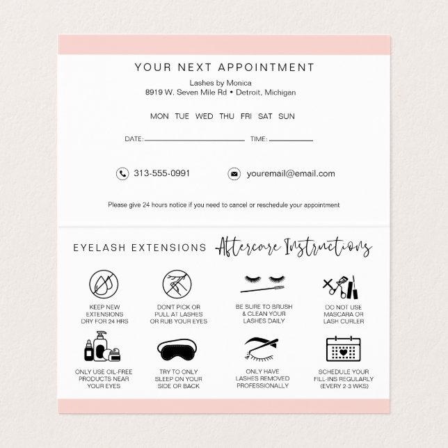 Carte De Visite Lash Instructions et rappel de rendez-vous (Intérieur déplié)