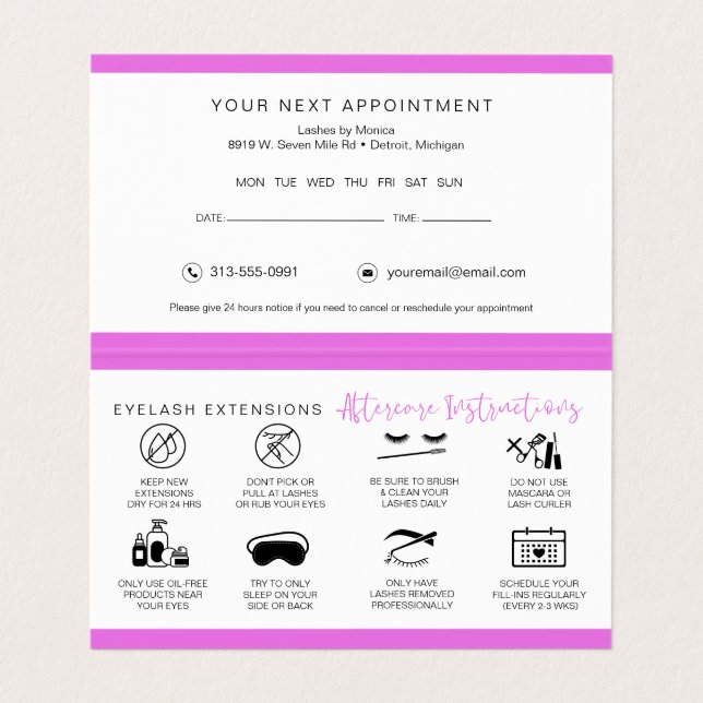 Carte De Visite Lash Instructions et rappel de rendez-vous (Intérieur déplié)