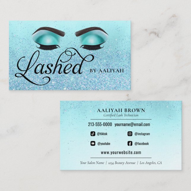 Carte De Visite Lash Tech Turquoise Blue Glam Parties scintillant  (Devant / Derrière)