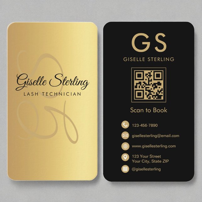 Carte De Visite Lash Technicien Monogram Gold Black QR Code (Créateur téléchargé)