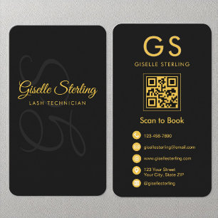 Carte De Visite Lash Technicien Monogramme Black Gold QR Code Beau