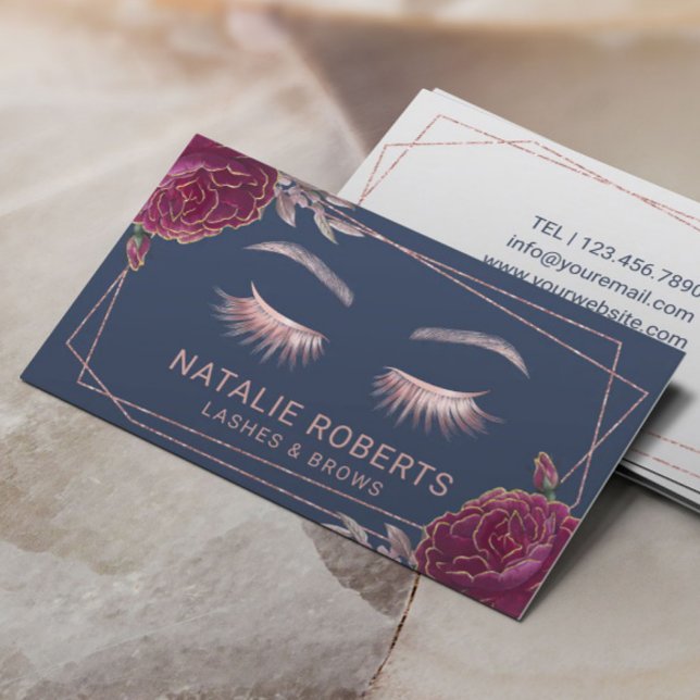 Carte De Visite Lashes Artiste maquillage Marine Blue Luxe Floral  (Créateur téléchargé)