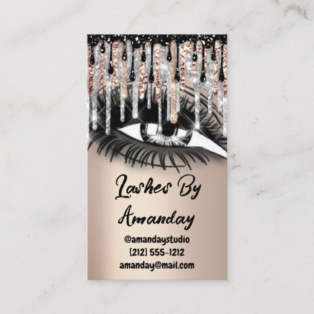 Carte De Visite Lashes maquillage Black Drips QR Code Logo Rose Go (Devant)
