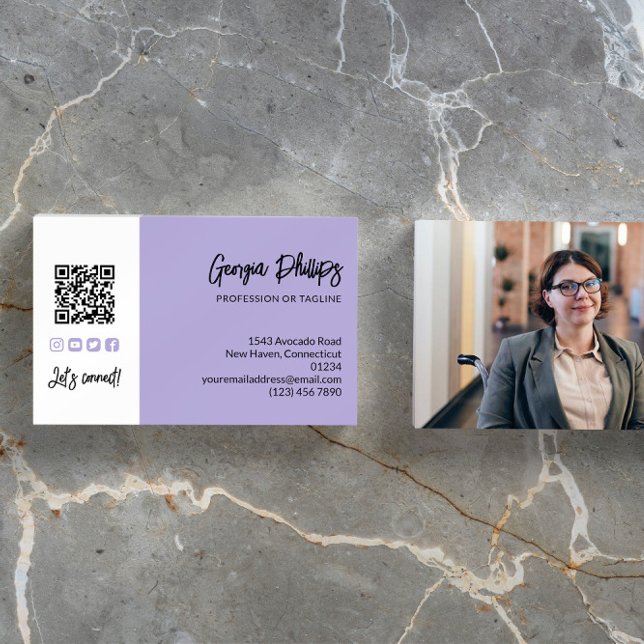 Carte De Visite Lavande légère QR Code Photo Médias sociaux Icônes (Créateur téléchargé)