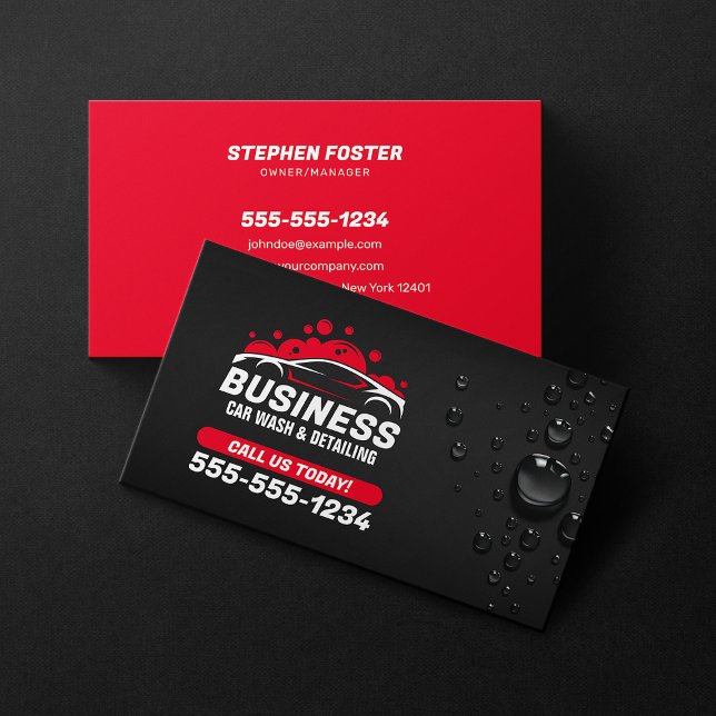 Carte De Visite Lave-auto Mobile Détail de l'eau Drop Noir Rouge (Créateur téléchargé)
