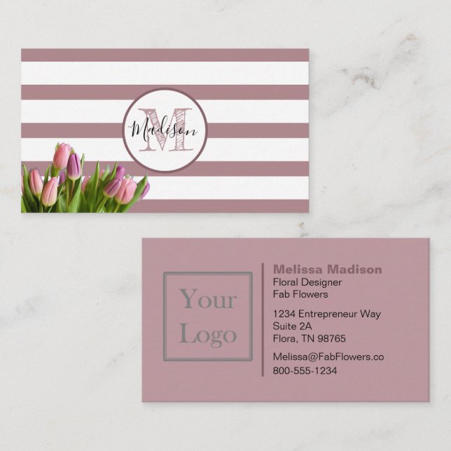 Carte De Visite Lavender Stripe and Tulips Monogramme (Devant / Derrière)