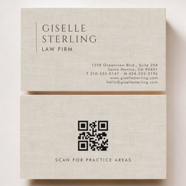 Carte De Visite Law Firm Luxury Neutral Linen QR Code (Créateur téléchargé)
