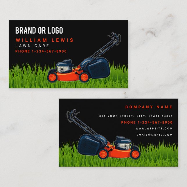 Carte De Visite Lawn Care Red Lawnmower Landscaping Mowing Logo (Devant / Derrière)