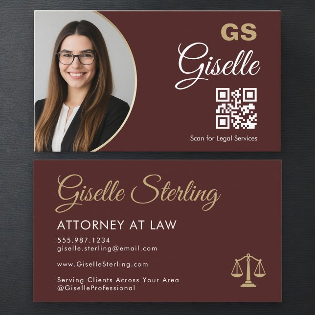 Carte De Visite Lawyer Burgundy Gold Scales of Justice Photo (Créateur téléchargé)
