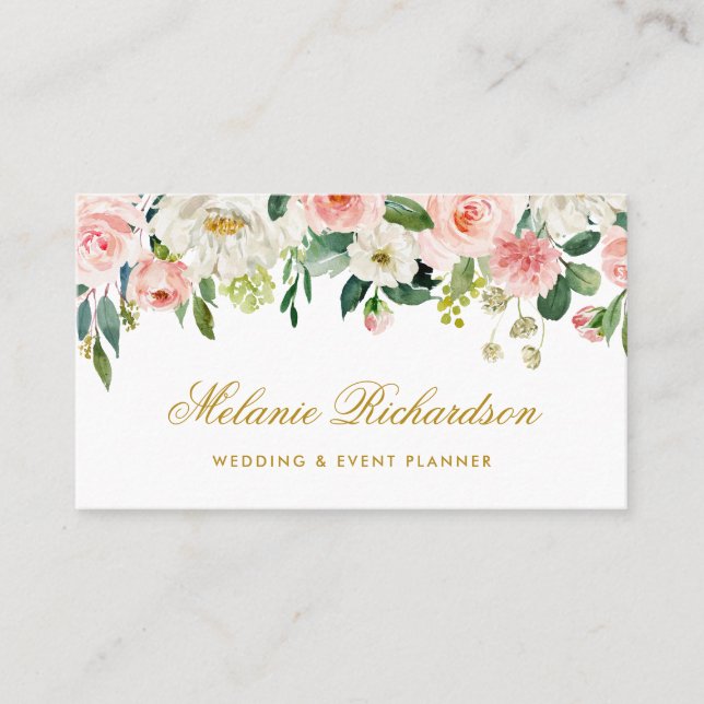 Carte De Visite Le rose élégant d'aquarelle rougissent l'or floral (Devant)