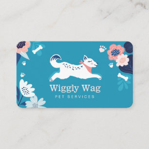 Carte De Visite Leaping Dog Floral Botanical Blue Pet Services