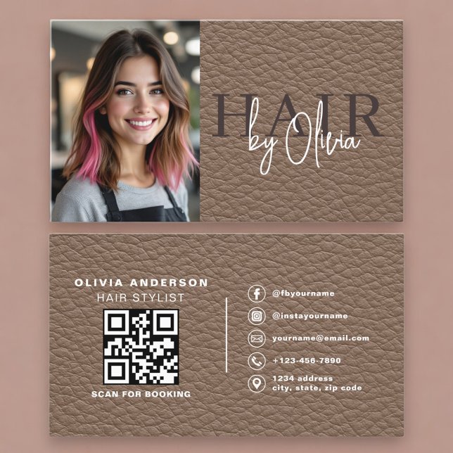 Carte De Visite Leather Hair Stylist Photo QR Code  (Créateur téléchargé)
