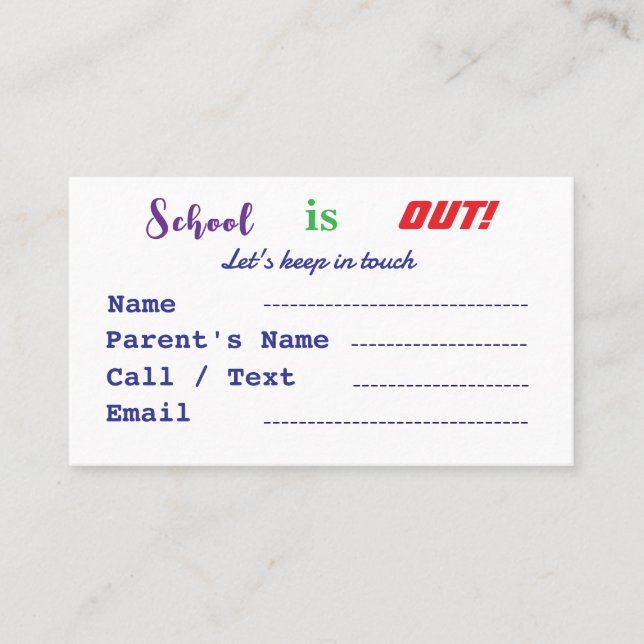 Carte De Visite L'école est sortie pour les enfants (Devant)