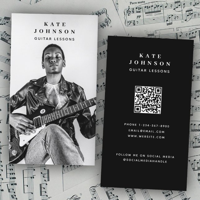 Carte De Visite Leçons de guitare Musicien Photo Médias sociaux QR (Guitar Lessons Musician Photo Social Media QR Code Business Card)