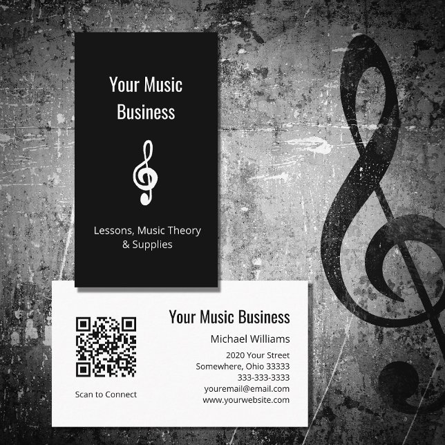 Carte De Visite Leçons de musique Simple Treble Clef QR code noir (Créateur téléchargé)