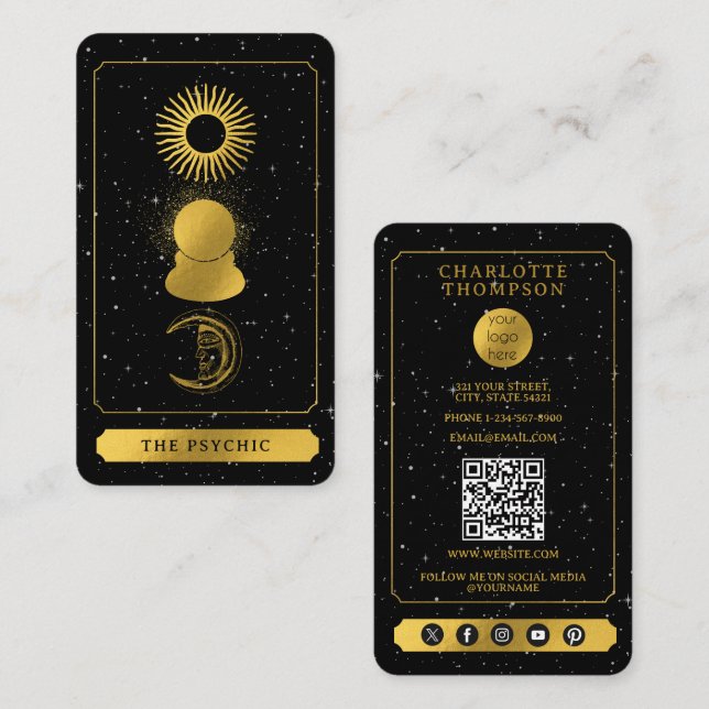 Carte De Visite Lecteur de Tarot céleste Psychique Ball Gold Noir (Devant / Derrière)