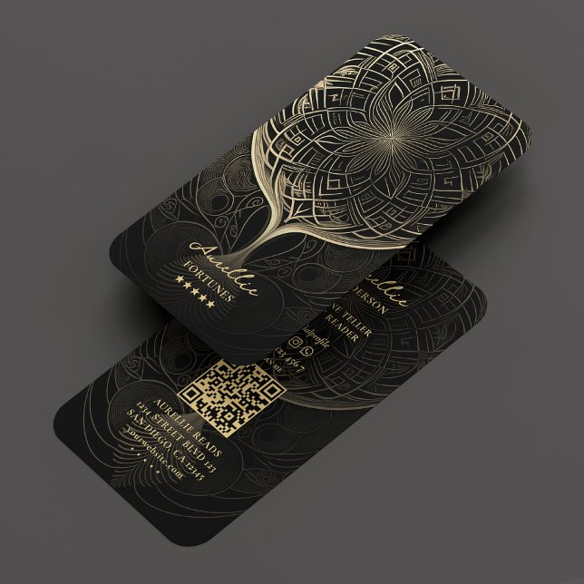 Carte De Visite Lecteur de Tarot Psychic Elegant Noir Mandala Or (Fortune Teller Tarot Psychic Elegant Black Gold Business Card
)