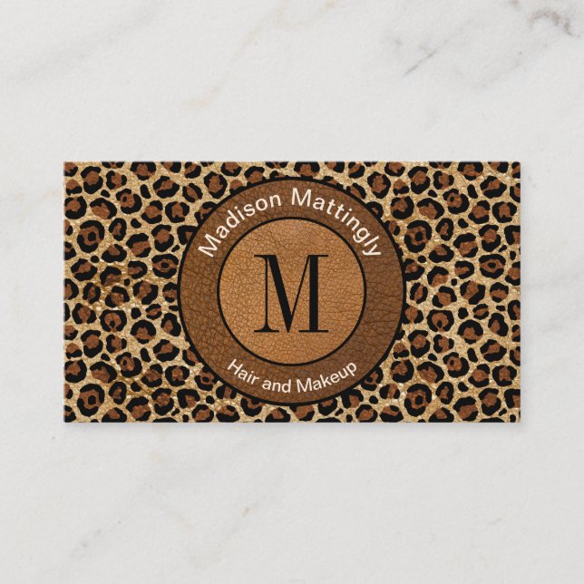 Carte De Visite Leopard Vintage Boho Chic Monogramme en cuir (Devant)