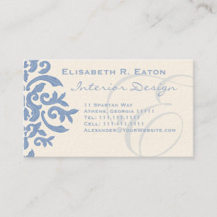 Carte De Visite Lettre bleue et crème élégante E de damassé