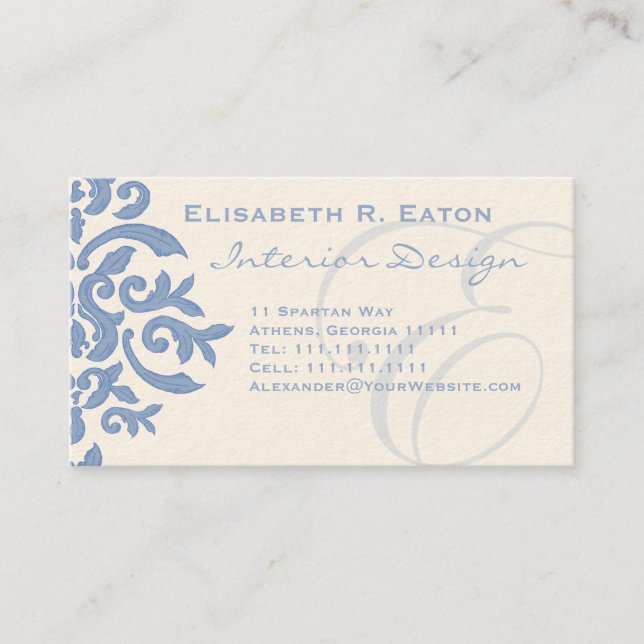 Carte De Visite Lettre bleue et crème élégante E de damassé (Devant)