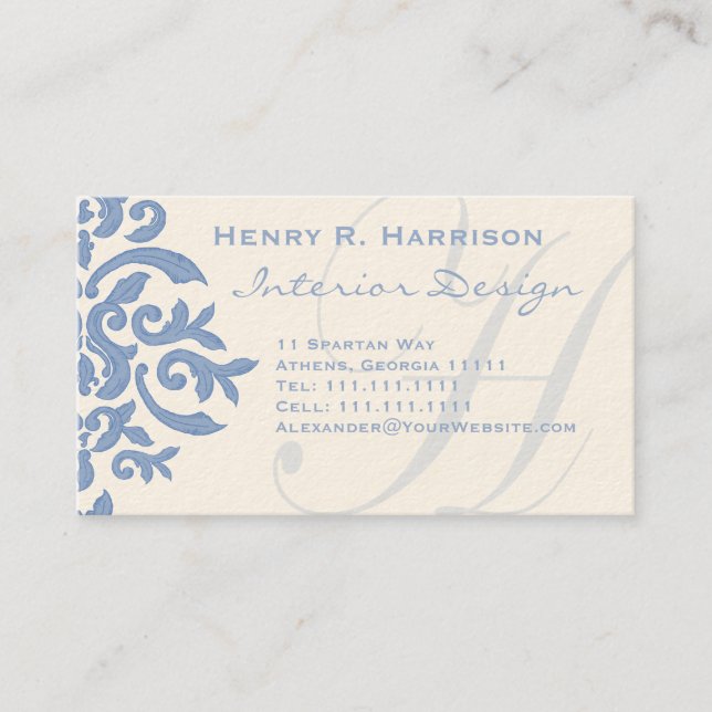 Carte De Visite Lettre bleue et crème élégante H de damassé (Devant)