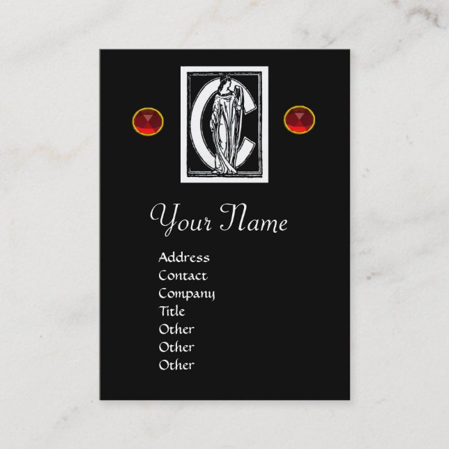 CARTE DE VISITE LETTRE C MONOGRAMME BLANC NOIR, GEM ROUGE RUBY (Devant)