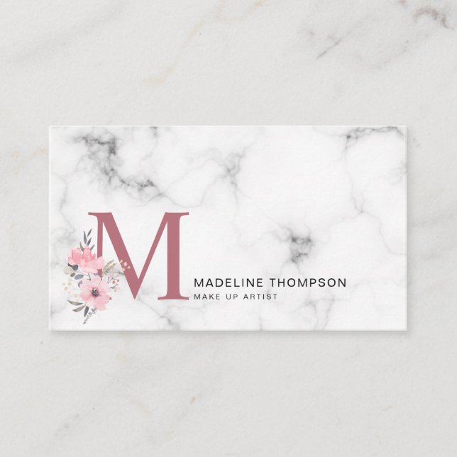 Carte De Visite Lettre Florale Blush rose Monogram Marble Business (Devant)