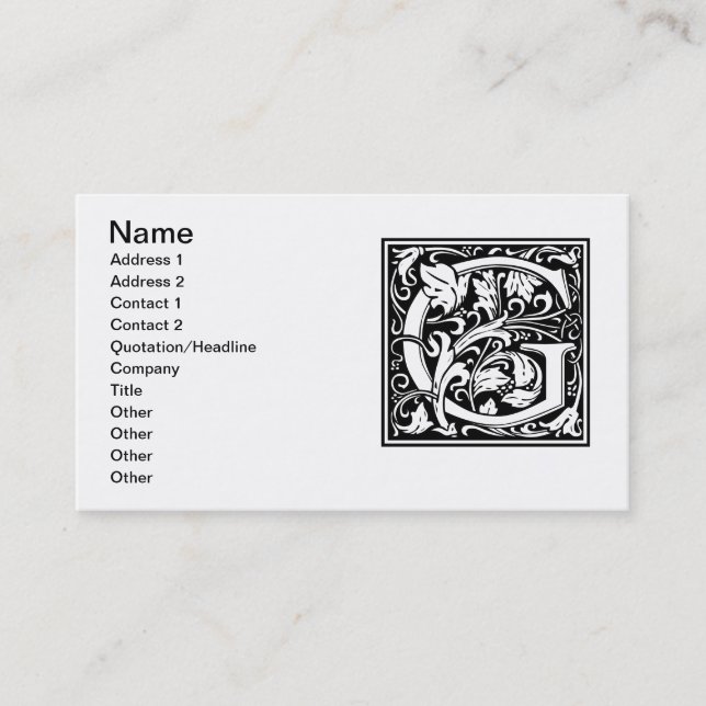 Carte De Visite Lettre G Monogramme médiéval Art Nouveau (Devant)