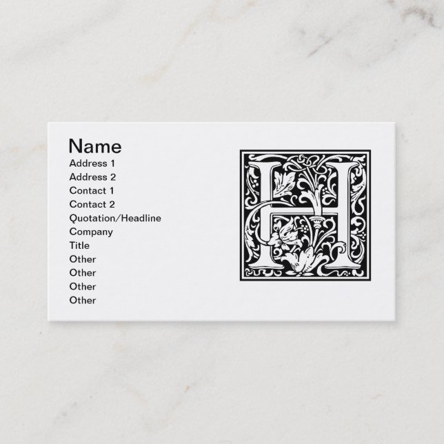 Carte De Visite Lettre H Monogramme médiéval Art Nouveau (Devant)
