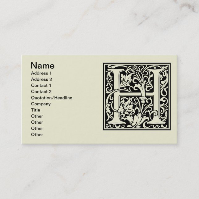 Carte De Visite Lettre H Monogramme médiéval Art Nouveau (Devant)