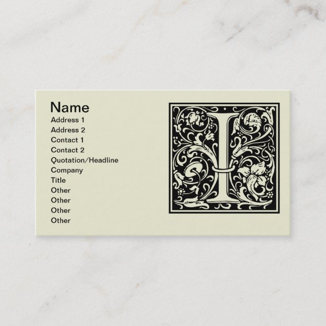 Carte De Visite Lettre I Monogramme médiéval Art Nouveau (Devant)