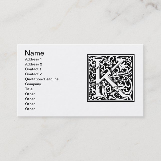 Carte De Visite Lettre K Monogramme médiéval Art Nouveau (Devant)
