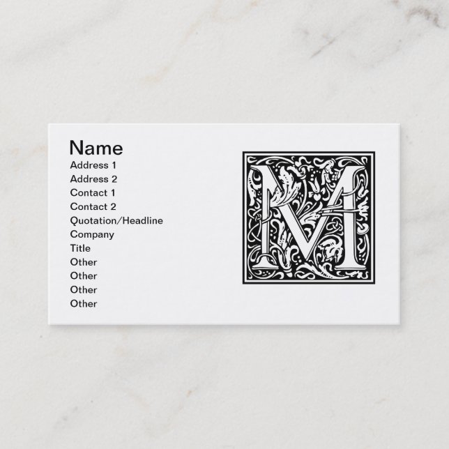 Carte De Visite Lettre M Monogramme médiéval Art Nouveau (Devant)
