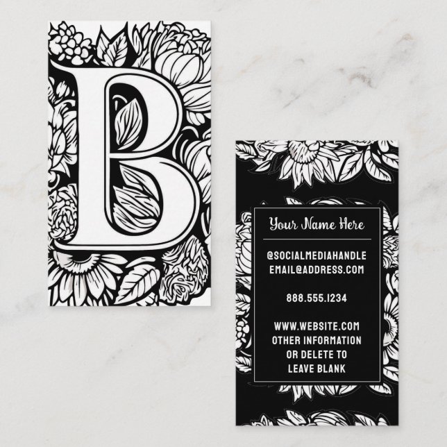 Carte De Visite Lettre monogramme B Fleur florale noire et blanche (Devant / Derrière)