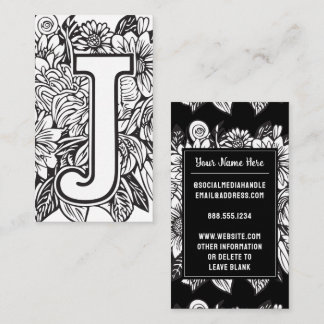 Carte De Visite Lettre monogramme J Fleur florale noire et blanche