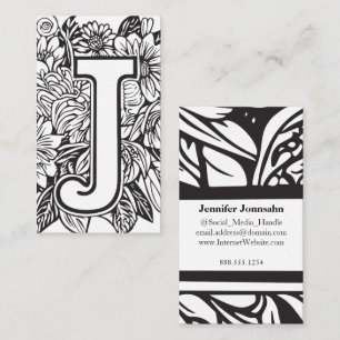Carte De Visite Lettre monogramme J Simple Floral Noir et Blanc