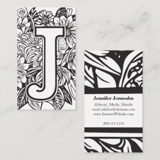 Carte De Visite Lettre monogramme J Simple Floral Noir et Blanc
