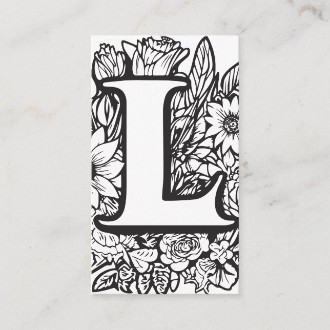 Carte De Visite Lettre monogramme L Simple Floral noir et blanc (Devant)