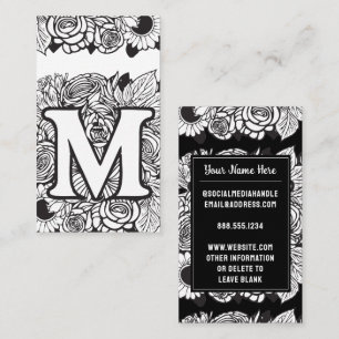 Carte De Visite Lettre monogramme M Fleur florale noire et blanche