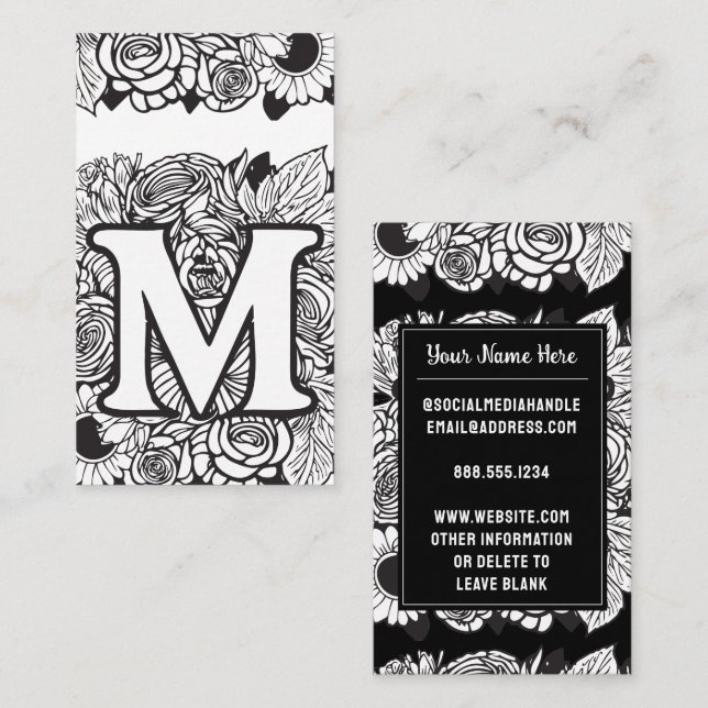 Carte De Visite Lettre monogramme M Fleur florale noire et blanche (Devant / Derrière)