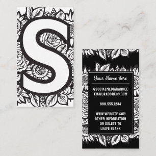 Carte De Visite Lettre monogramme S Fleur florale noire et blanche