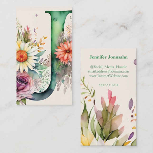 Carte De Visite LETTRE MONOMOBILE J Aquarelle Florale Chic Simple (Devant / Derrière)