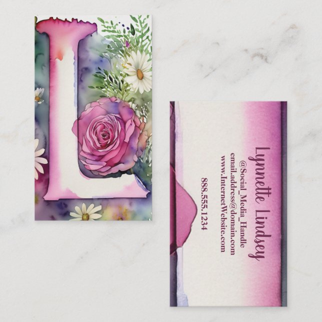 Carte De Visite LETTRE MONOMOBILE L Aquarelle Florale Chic Simple (Devant / Derrière)