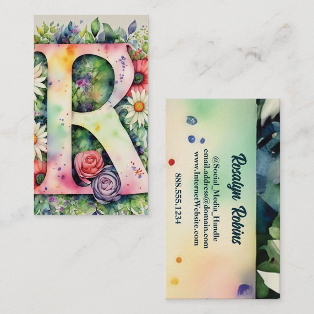 Carte De Visite LETTRE MONOMOBILE R Aquarelle Florale Chic Simple (Devant / Derrière)