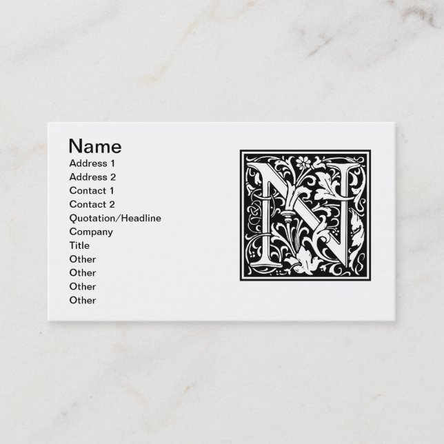 Carte De Visite Lettre N Monogramme médiéval Art Nouveau (Devant)