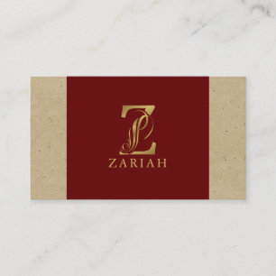 Carte De Visite Lettre or Z sur lin rouge et beige