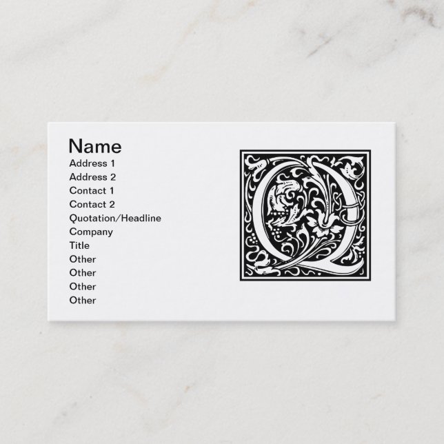 Carte De Visite Lettre Q Monogramme médiéval Art Nouveau (Devant)