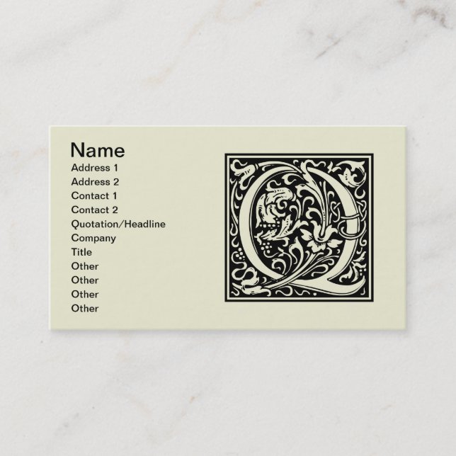 Carte De Visite Lettre Q Monogramme médiéval Art Nouveau (Devant)