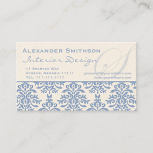 Carte De Visite Lettre S bleue et crème élégante de damassé