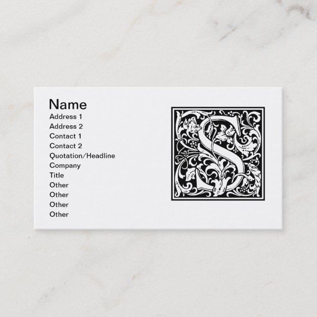 Carte De Visite Lettre S Monogramme médiéval Art Nouveau (Devant)